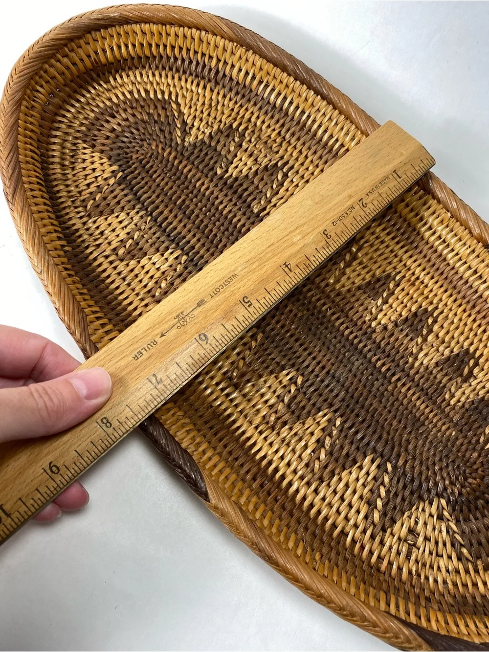 Artisan Two-Tone Hand-Woven Oval Oblong Geometric Pattern Rattan Basket Tray